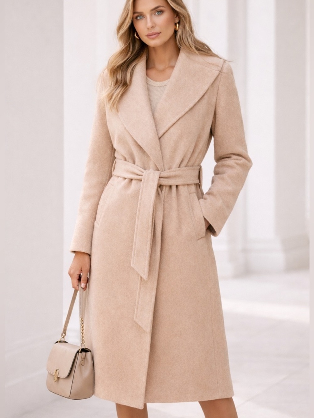 Cream wool coat long with shawl collar belted small Ever New EUC
